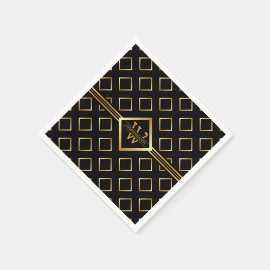 FAUX Gold Geometric Pattern with Monogram on BLACK Servet (Hoek)