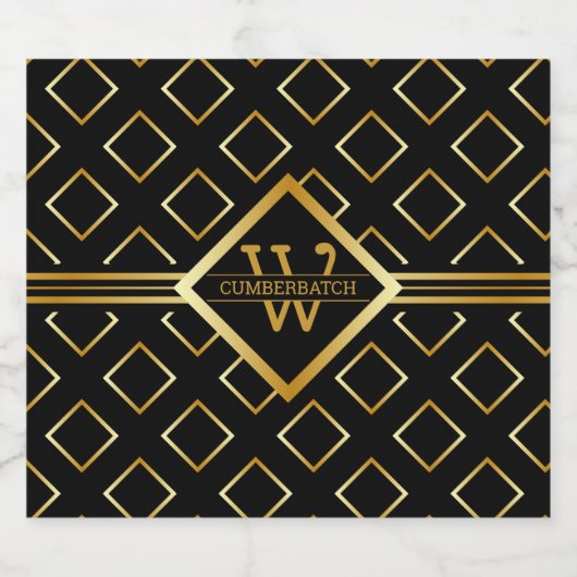 FAUX Gold Geometric Pattern with Monogram on BLACK Sparkling Wijnetiket (Enkel label)