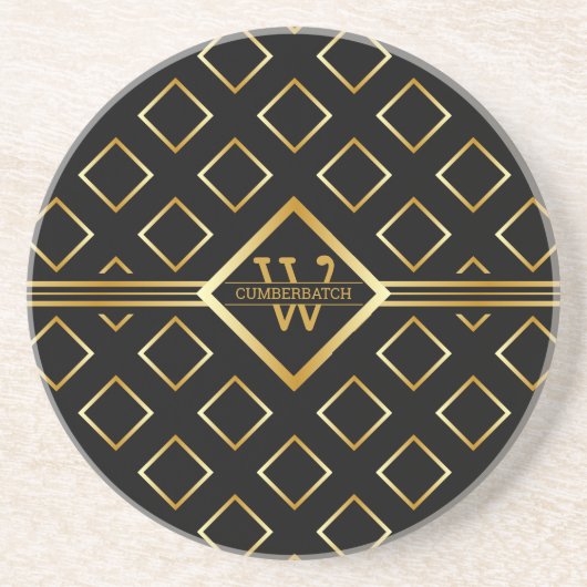 FAUX Gold Geometric Pattern with Monogram on BLACK Zandsteen Onderzetter (Voorkant)