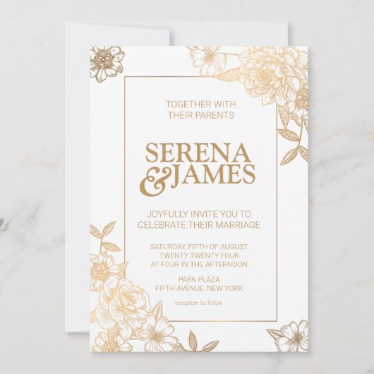 Faux Gold Gilded Boho  Floral Wedding Kaart (Voorkant)