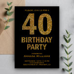 Faux Gold Glitter 40th Birthday Party Invitation Kaart<br><div class="desc">Maak je gasten geweldig met deze glamoureuze uitnodiging voor het 40ste verjaardagsfeest met een gewaagde gouden glittertekst tegen een zwarte achtergrond. Voeg eenvoudig uw gebeurtenisdetails op deze makkelijk te gebruiken sjabloon toe om het één-van-een-soort uitnodiging te maken. Knip de kaart om een nepgoudtextuur op de achterkant van de kaart te...</div>