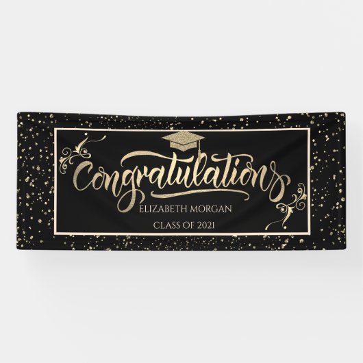 Faux Gold Glitter Afstuderen Pet, Confetti Spandoek (Horizontaal)