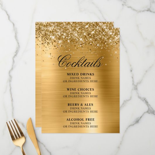 Faux Gold Glitter and Foil Cocktails Bar Menu (Voorkant / Achterkant in situ)