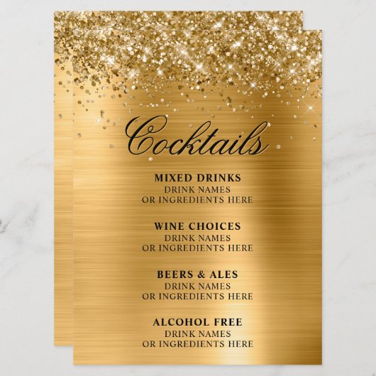 Faux Gold Glitter and Foil Cocktails Bar Menu (Voorkant / Achterkant)