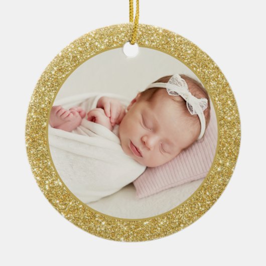 Faux Gold Glitter Baby's eerste kerstfoto Keramisch Ornament (Voorkant)