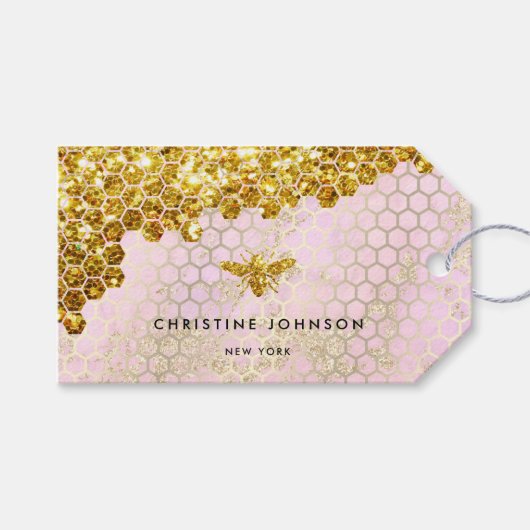 faux gold glitter bij roze vormgeving cadeaulabel (Voorkant (Horizontaal))