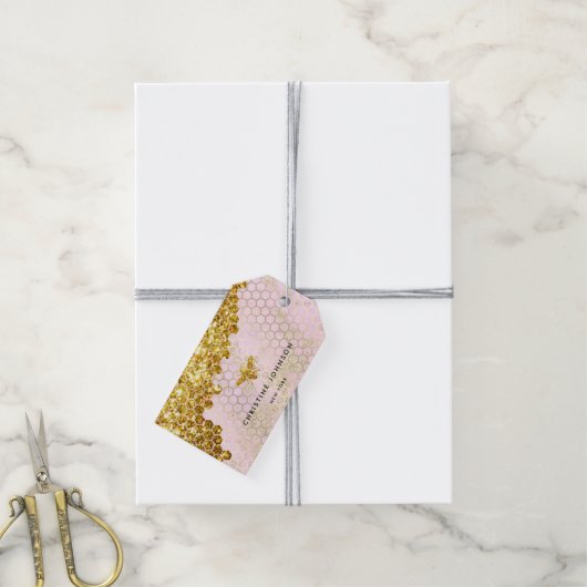 faux gold glitter bij roze vormgeving cadeaulabel (Met Touw)
