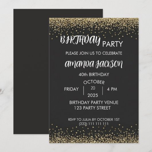 Faux Gold Glitter Black 40th Birthday Kaart (Voorkant / Achterkant)