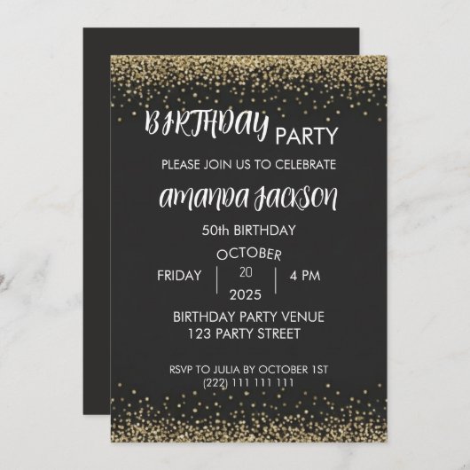 Faux Gold Glitter Black 50th Birthday Invite Kaart (Voorkant / Achterkant)