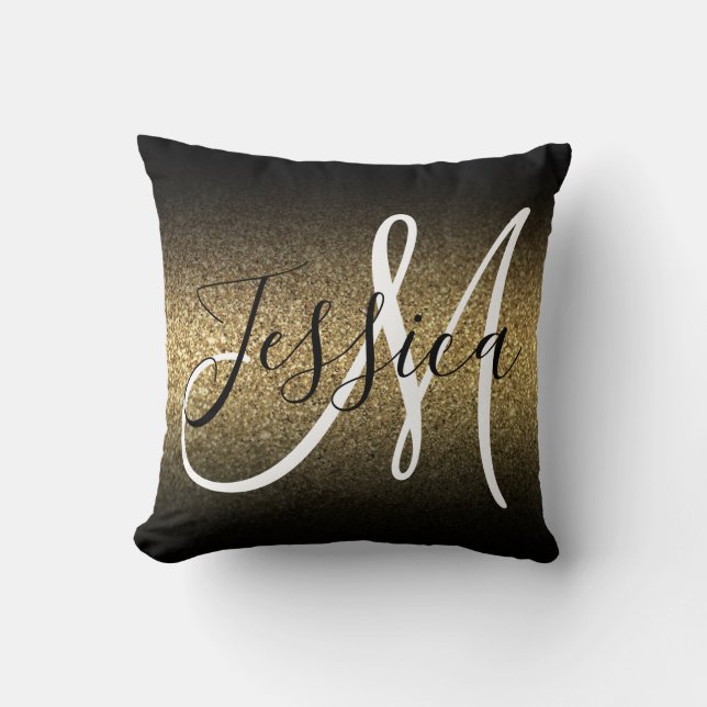 Faux Gold Glitter Black Ombre Monogram Kussen (Voorkant)