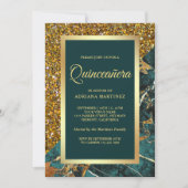 Faux Gold Glitter Blauwgroen Groene Marmer Quincea Kaart (Voorkant)