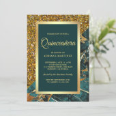 Faux Gold Glitter Blauwgroen Groene Marmer Quincea Kaart (Staand voorkant)