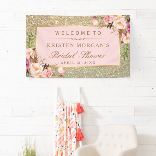 Faux Gold Glitter Blush Pink Floral Vrijgezellenfe Spandoek (Insitu)