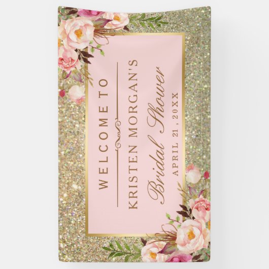 Faux Gold Glitter Blush Pink Floral Vrijgezellenfe Spandoek (Verticaal)