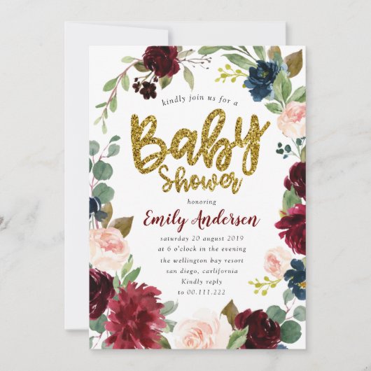 Faux Gold glitter bordeauxrood baby shower Kaart (Voorkant)