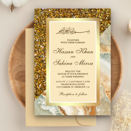 Faux Gold Glitter bruin marmer Muslim Weddenschap Kaart
