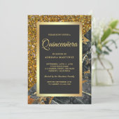 Faux Gold Glitter Charcoal Grable Quinceanera Kaart (Staand voorkant)