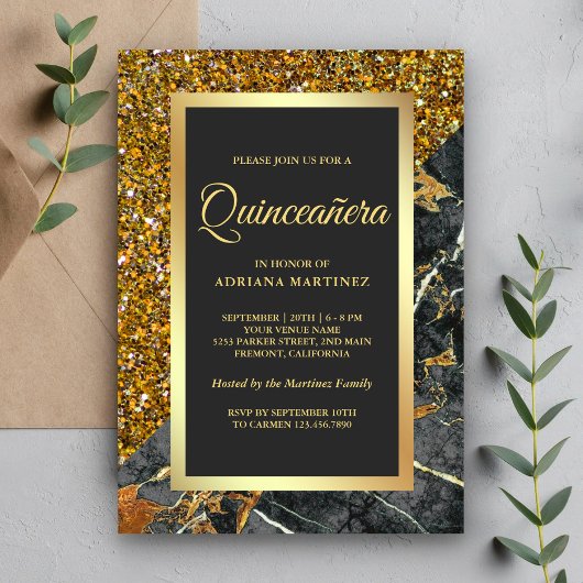 Faux Gold Glitter Charcoal Grable Quinceanera Kaart