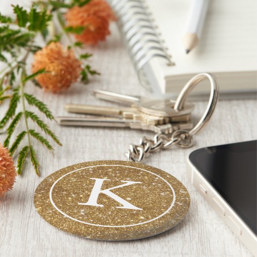 Faux Gold Glitter Circle | Monogram Initiaal Sleutelhanger (Zijkant)