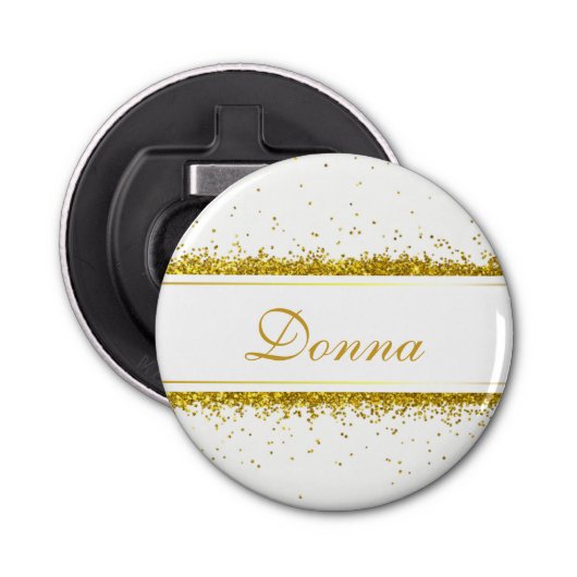 Faux Gold Glitter Confetti Name Button Flesopener (Voorkant)
