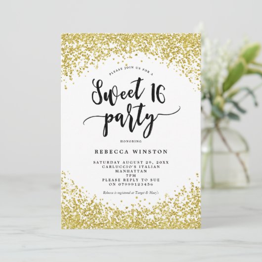 Faux Gold Glitter confetti Sweet 16 Uitnodiging (Staand voorkant)