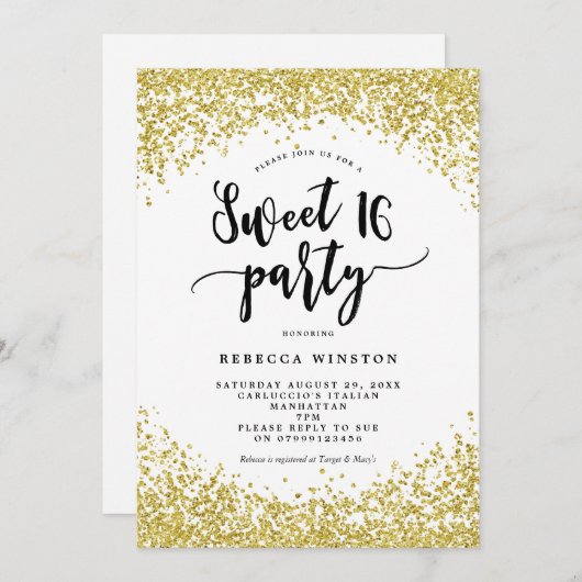 Faux Gold Glitter confetti Sweet 16 Uitnodiging (Voorkant / Achterkant)