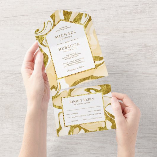 Faux Gold Glitter Cream Ivory Marble Wedding All In One Uitnodiging (Afscheurbaar)