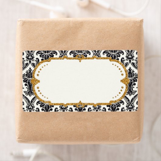 Faux Gold Glitter Damask Floral Pattern Business Etiket (Insitu)