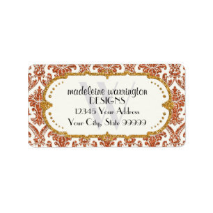 Faux Gold Glitter Damask Floral Pattern Business Etiket