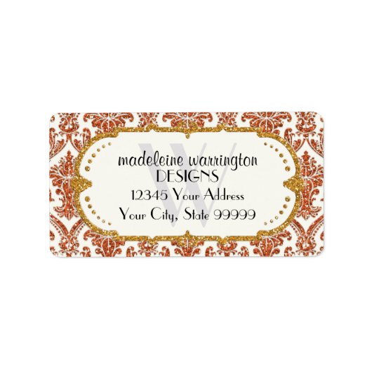 Faux Gold Glitter Damask Floral Pattern Business Etiket (Voorkant)