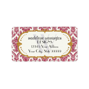 Faux Gold Glitter Damask Floral Pattern Business Etiket