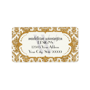 Faux Gold Glitter Damask Floral Pattern Business Etiket