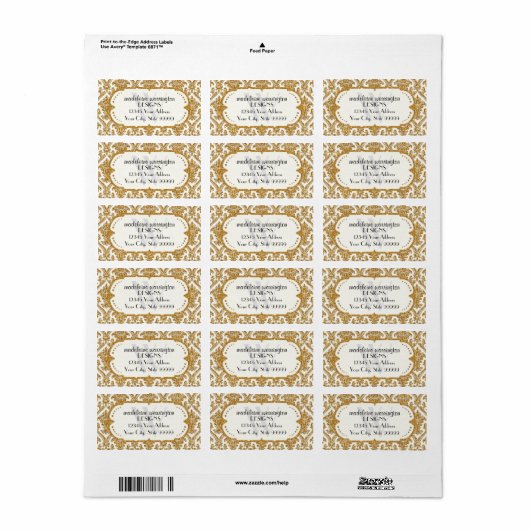 Faux Gold Glitter Damask Floral Pattern Business Etiket (Full Sheet)