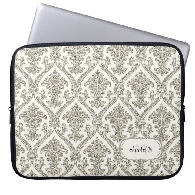 Faux Gold Glitter Damask Floral Pattern Gepersonal Laptop Sleeve (Voorkant)