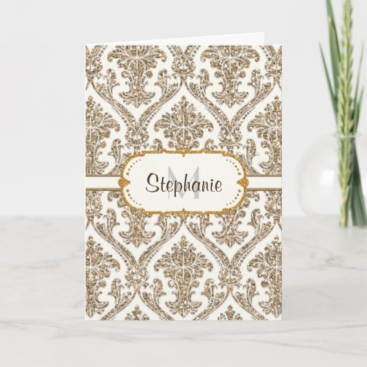 Faux Gold Glitter Damask Floral Pattern Stationery Bedankkaart (Voorkant)
