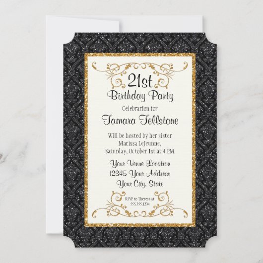Faux Gold Glitter Damask Ticket Style Birthday Kaart (Voorkant)