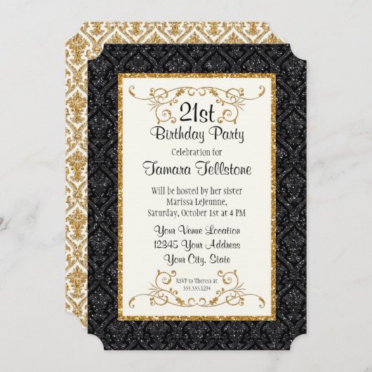 Faux Gold Glitter Damask Ticket Style Birthday Kaart (Voorkant / Achterkant)