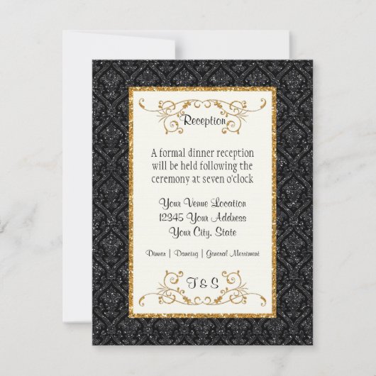 Faux Gold Glitter Damask Ticket Style Receptie Kaart (Voorkant)