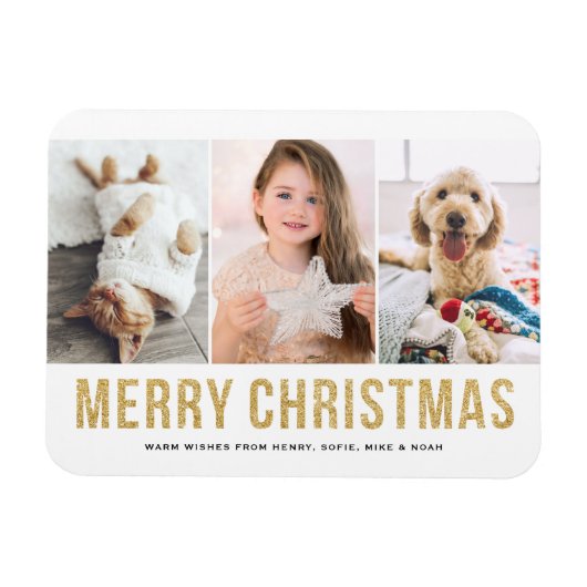 Faux Gold Glitter Drie Fotocollage Kerstmis Magneet (Horizontaal)