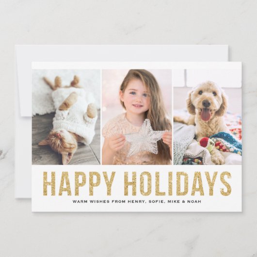 Faux Gold Glitter Drie Fotocollage Modern Feestdagenkaart (Voorkant)