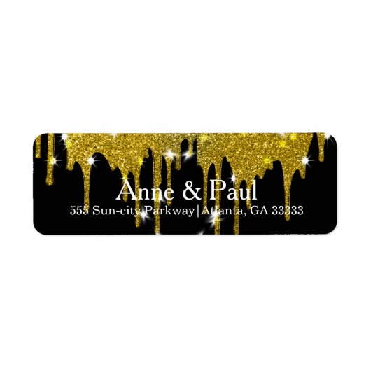 Faux Gold Glitter Drip op Black Modern Etiket (Voorkant)