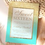 Faux gold glitter elegant aqua blauwgroen Sweet 16 Kaart<br><div class="desc">Een modern,   en elegant faux goud glitter douche ombre met blauwgroen oceaankleurblok Sweet 16 verjaardagsfeest met een goudvormig patroon op een blauwgroen oceaanachtergrond met elegant goudlijst Perfect voor een prinses Sweet sixteen,  perfect voor haar,  de fashionista die van modern patroon en glam houdt</div>