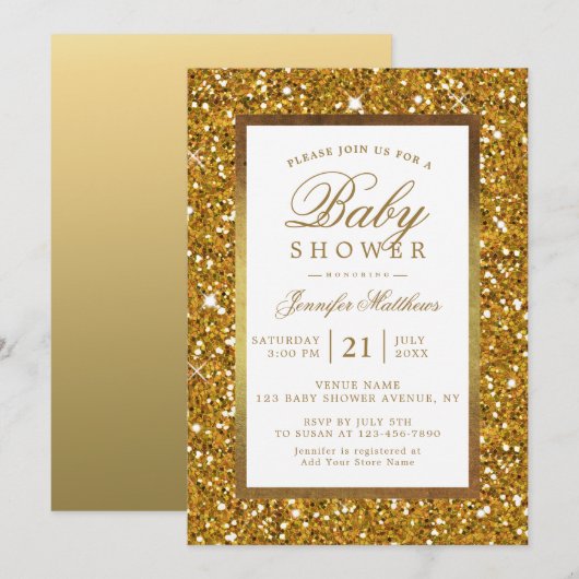 Faux Gold Glitter Elegant Baby shower Invite Kaart (Voorkant / Achterkant)
