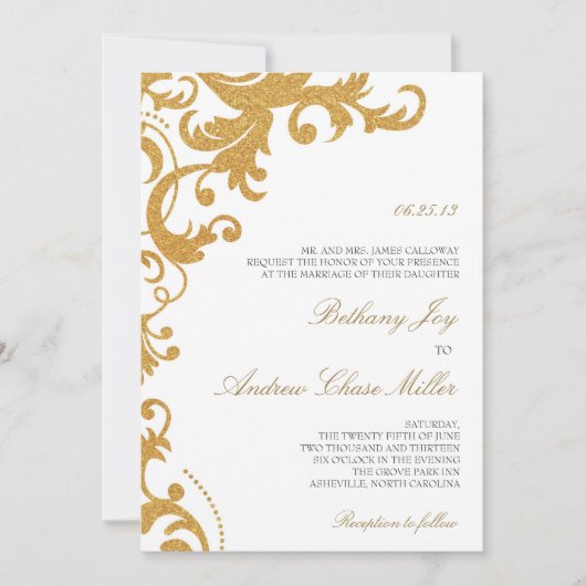 Faux Gold Glitter Elegant Damask Wedding Invite Kaart (Voorkant)