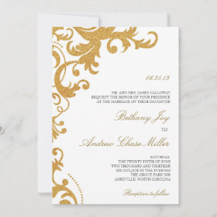 Faux Gold Glitter Elegant Damask Wedding Invite Kaart