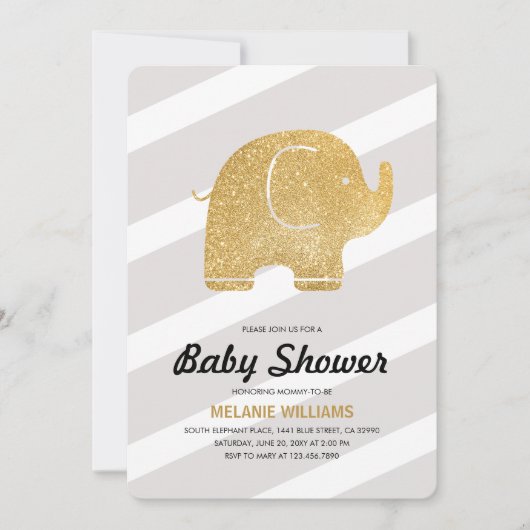 Faux Gold Glitter Elephant Grey Baby shower Invite Kaart (Voorkant)