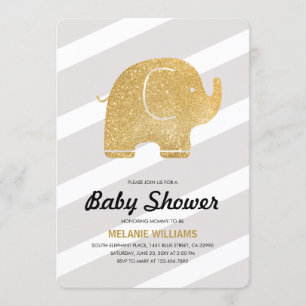 Faux Gold Glitter Elephant Grey Baby shower Invite Kaart