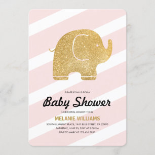 Faux Gold Glitter Elephant Pink Baby shower Invite Kaart