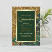 Faux Gold Glitter Emerald Green Marble Quinceanera Kaart (Staand voorkant)