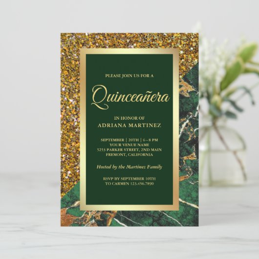 Faux Gold Glitter Emerald Green Marble Quinceanera Kaart (Staand voorkant)